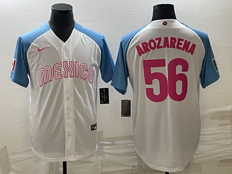 Men 2023 World Cub Mexico #56 Arozarena White blue Nike MLB Jersey3